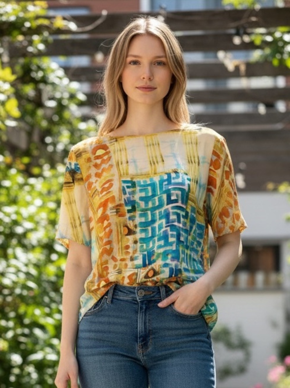 Abstract Print Short Sleeve Tee in Yellow & Blue - Picture 1 of 4